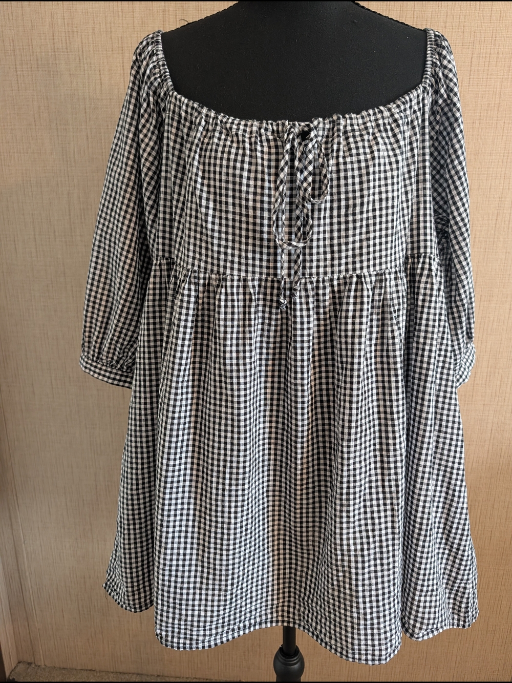 Black & White Gingham Off-Shoulder Casual Dress with Tie Front